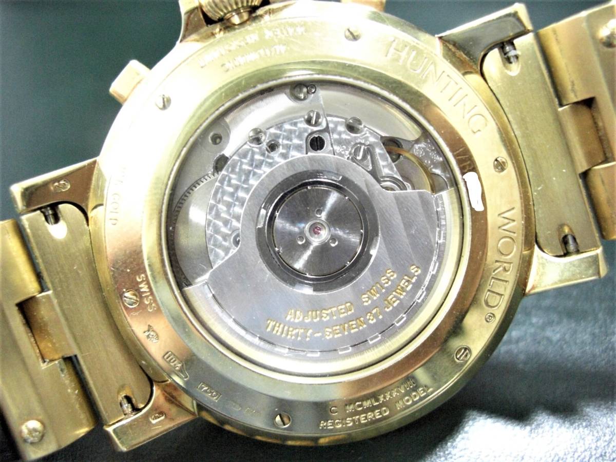 18 pure gold 18K abroad limitation! regular price approximately 450 ten thousand! serial stamp & chronograph & month .& month & day of the week display & winding BOX attaching! self-winding watch complicated clock! Hunting World 