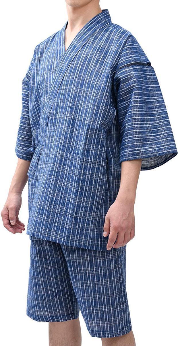 [ Edo ..]1 point thing made in Japan jinbei ... dyeing woven thing ... summer cotton 100%.. original pattern men's month . cat change .. blue M