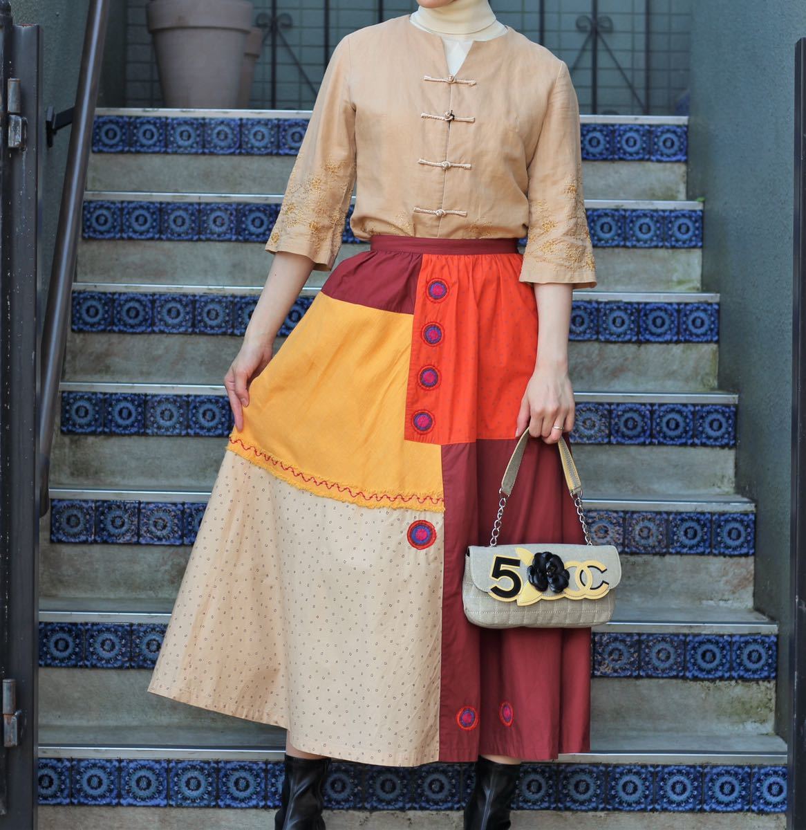 CHANEL CHOCO BAR NO5 CAMELLIA DESIGN SEMI SHOULDER BAG MADE IN
