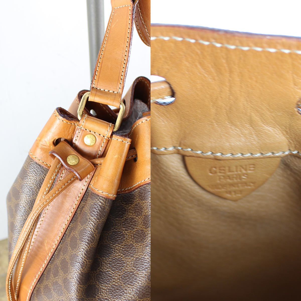 OLD CELINE MACADAM PATTERNED DRAWSTRING SHOULDER BAG MADE IN ITALY