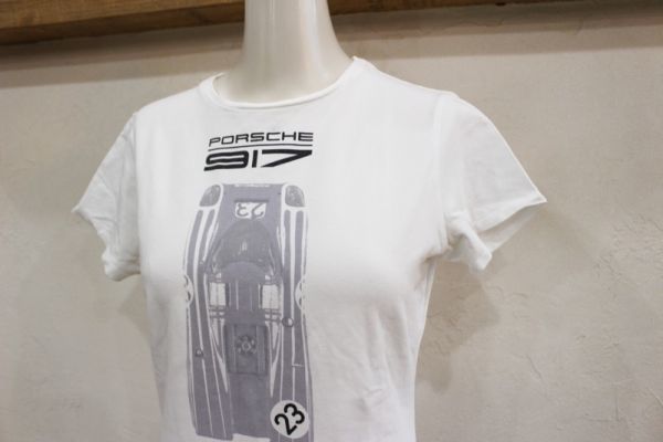 2165*PORSCHE DESIGN/ Porsche Design PORSCHE917 machine print crew neck T-shirt lady's size white XS USED *