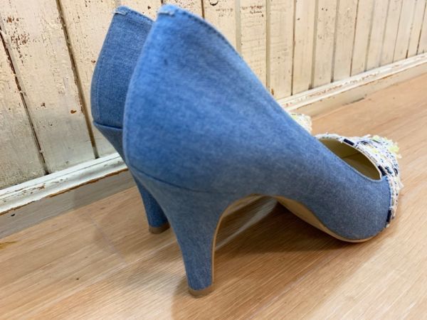 Q91*QUEENS COURT/ Queens Court Denim × tweed switch pumps lady's blue group M size heel 9cm spring summer USED *