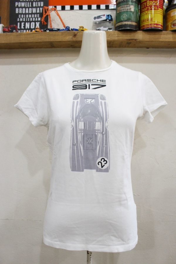 2165*PORSCHE DESIGN/ Porsche Design PORSCHE917 machine print crew neck T-shirt lady's size white XS USED *