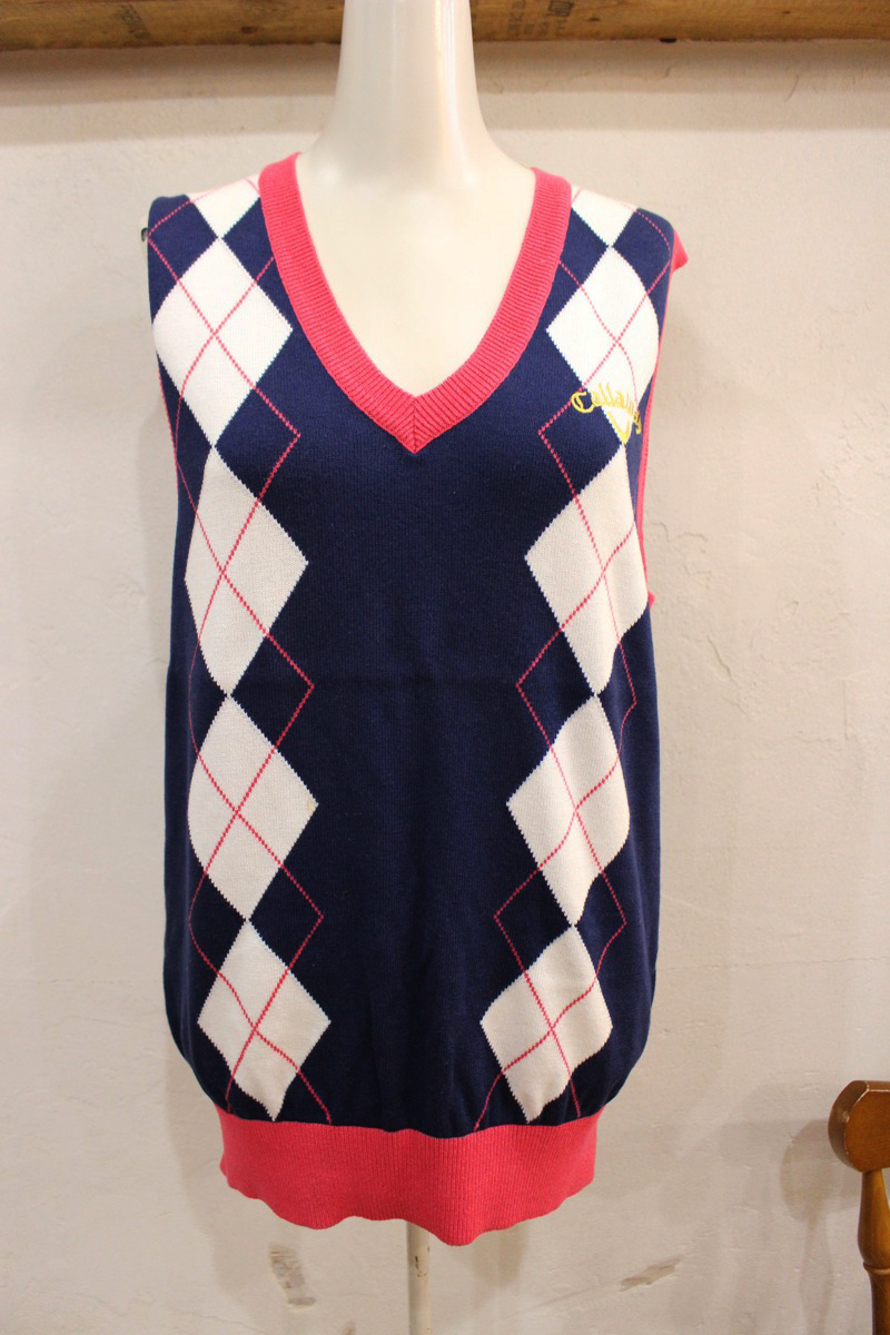 R98 ★ Callaway/Callaway Agile Pattern Спецификация ребра Nit vest M Size Navy x Pink Golf Wear M Size Dry Sport используется ★