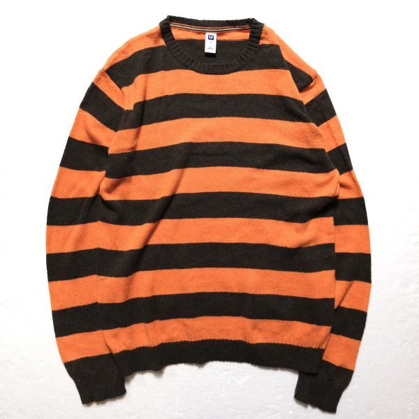 00\'s Old Gap GAP futoshi border cotton wool knitted sweater (L) tea × orange 00 period old tag Old 2008 year made 