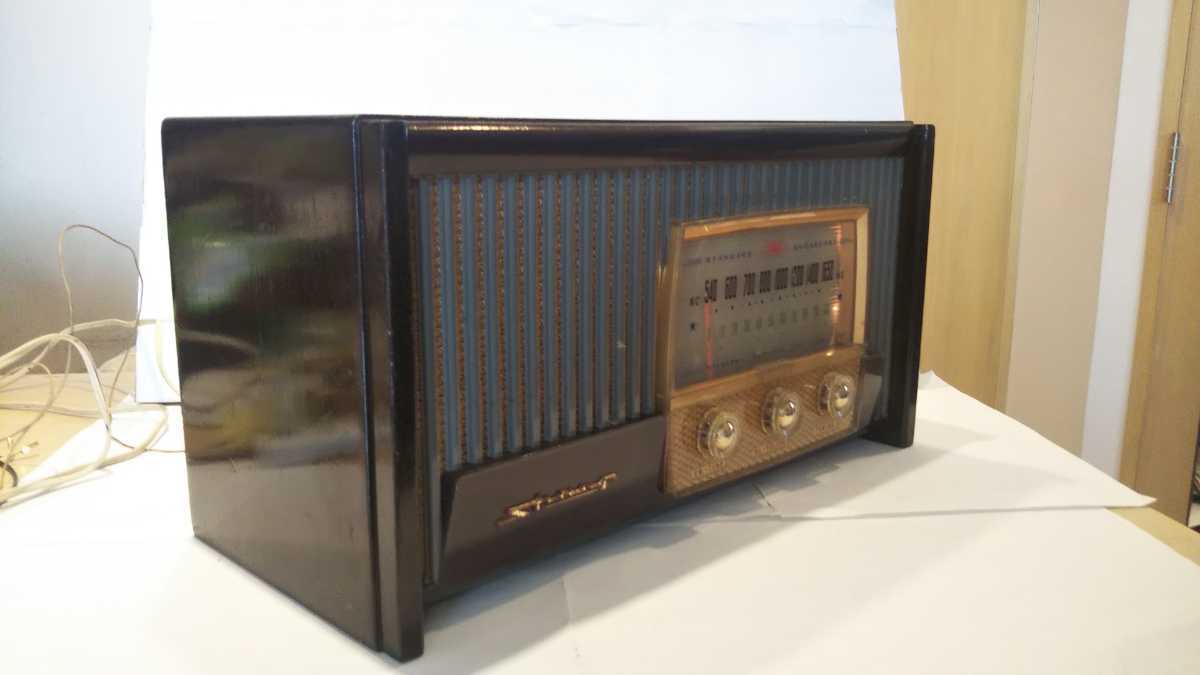  sharp . river electro- machine, vacuum tube radio,5F-20 type,1954 year ( Showa era 29 year ), operation, beautiful goods.