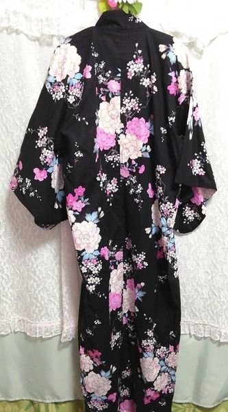 黒白ピンク花柄浴衣和服着物日本ドレス Black white pink floral pattern yukata kimono japan dress