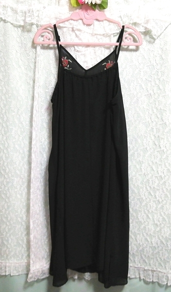  black flower embroidery see-through chiffon negligee maxi camisole One-piece Black flower see-through chiffon negligee maxi camisole dress