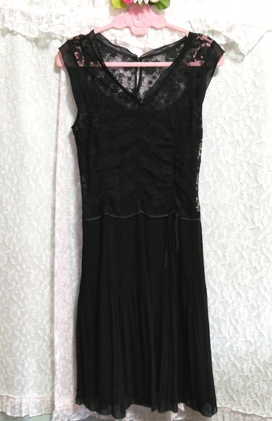 黒レースシフォンスカート ネグリジェ ナイトウェア ノースリーブワンピースドレス Black lace chiffon skirt negligee nightwear dress