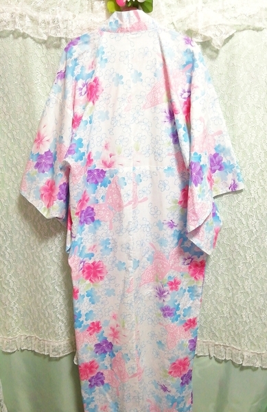 水紫白ピンク花柄浴衣和服着物日本ドレス Water purple white pink floral pattern yukata kimono japan dress_画像6