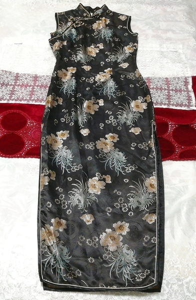花柄黒チャイナドレスマキシワンピースドレス Flower pattern black cheongsam china maxi dress_画像1