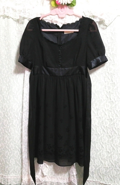  black embroidery chiffon satin ribbon negligee short sleeves One-piece dress Black embroidery chiffon satin ribbon negligee short sleeve dress