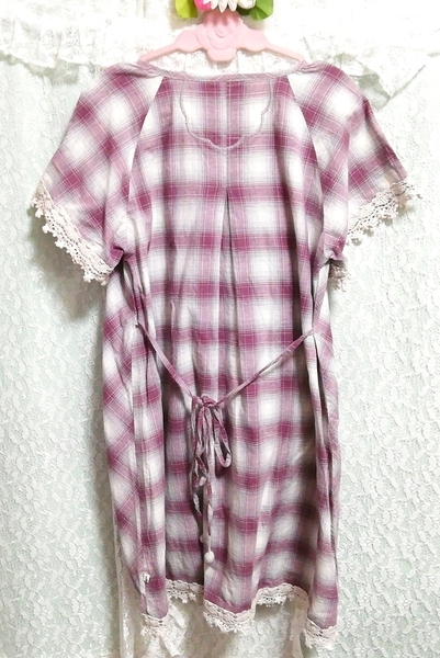 紫グレー白レース綿コットン麻半袖チュニック ネグリジェ ワンピース Purple gray white lace cotton linen tunic negligee dress