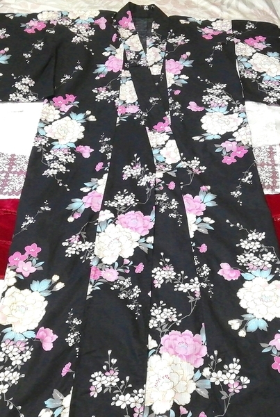 黒白ピンク花柄浴衣和服着物日本ドレス Black white pink floral pattern yukata kimono japan dress