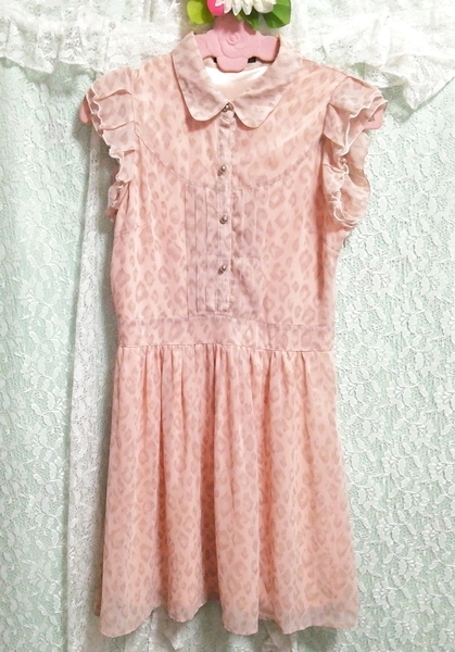 ピンクヒョウ柄シフォンノースリーブシャツチュニック ネグリジェ ワンピース Pink leopard print chiffon shirt tunic negligee dress