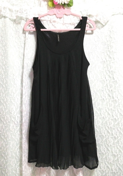 黒シフォンノースリーブ ネグリジェ ナイトウェア ハーフワンピース Black chiffon sleeveless negligee nightwear half dress