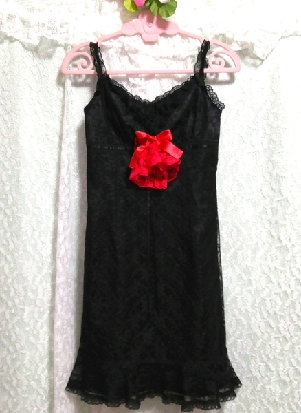 赤薔薇コサージュ黒花柄レースキャミソールネグリジェドレス Red rose corsage black flower pattern lace camisole negligee dress