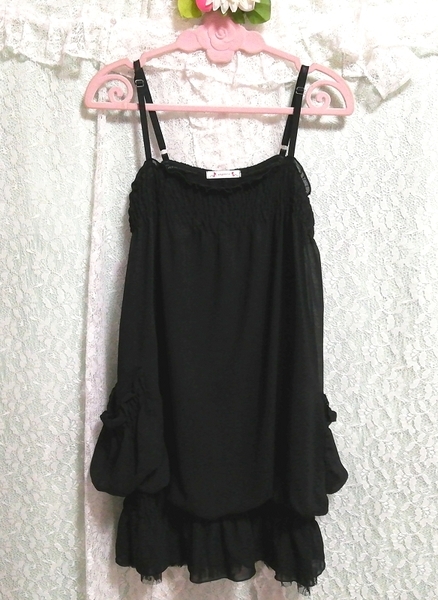 黒シフォンレースポケット ネグリジェ ミニスカートキャミソールワンピース Black chiffon lace pocket negligee miniskirt camisole dress