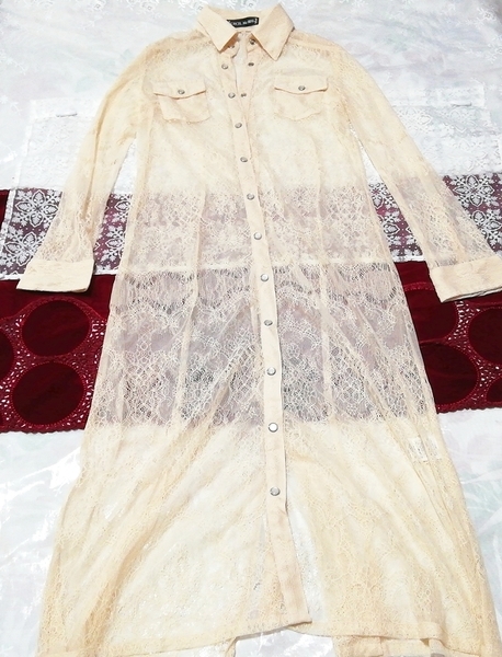 亜麻色レースマキシシャツ風シースルーネグリジェ ナイトウェア 羽織ガウン Flax lace maxi shirt style see-through negligee nightwear_画像1