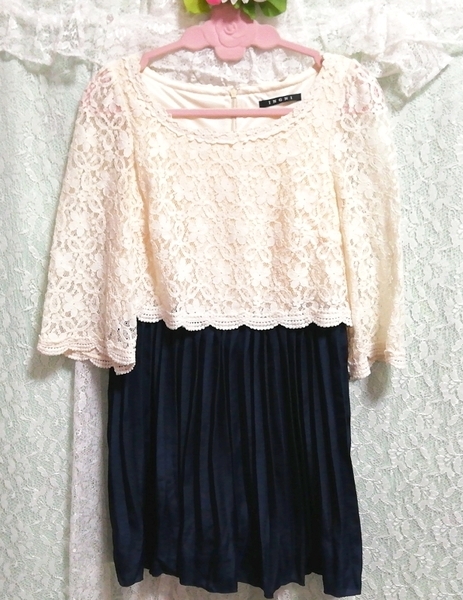 白レース紺シフォンプリーツスカート長袖チュニック ネグリジェ ワンピース White lace navy chiffon pleated skirt tunic negligee dress