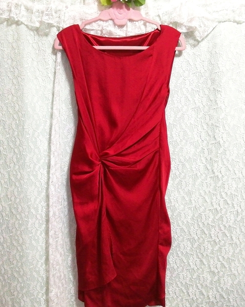 赤ワインレッドサテンノースリーブ ネグリジェ ナイトウェア ハーフワンピース Wine red satin sleeveless negligee nightwear half dress_画像3