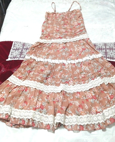 茶色花柄白レース 綿コットン ネグリジェ マキシキャミソールワンピース Brown floral white lace cotton negligee maxi camisole dress_画像2