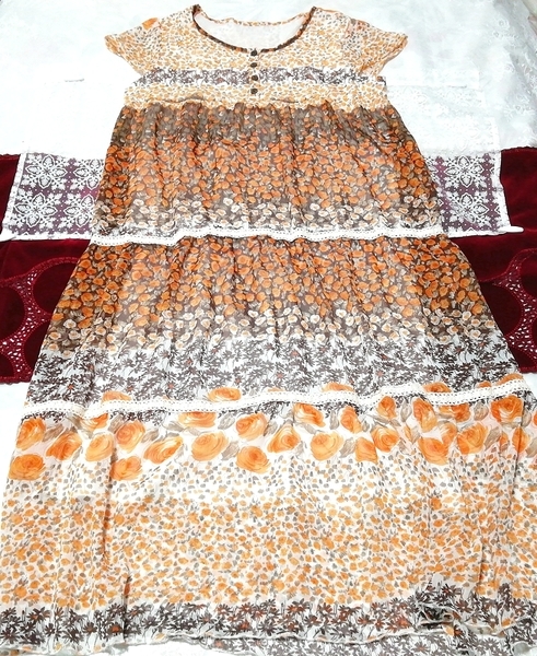  orange tea color floral print chiffon short sleeves long tunic negligee One-piece Orange brown floral chiffon long tunic negligee dress