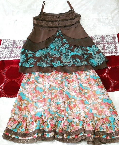 エスニックシフォンキャミソール ネグリジェ 水色赤白花柄フレアミニスカート 2P Ethnic floral chiffon camisole negligee flare skirt_画像1