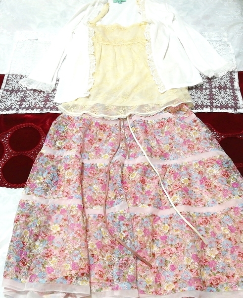 白羽織ガウン黄色レースキャミソール ピンクレーススカート ネグリジェ 3P White Gown yellow lace camisole pink lace skirt negligee_画像1