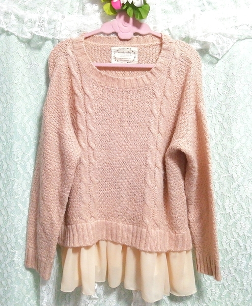 ピンクセーター裾シフォンフリルレースニットチュニックネグリジェ Pink sweater chiffon lace knit tunic negligee