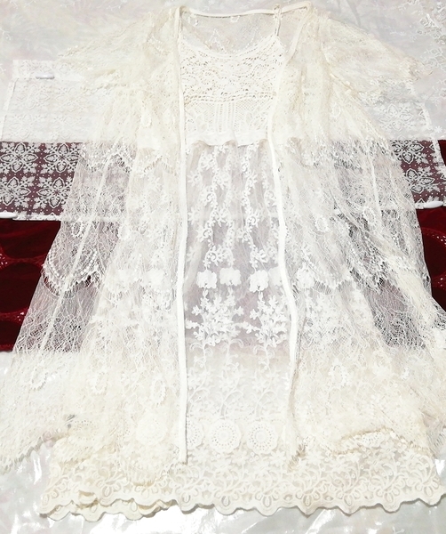 白レースシースルー羽織ガウン ネグリジェ キャミソールベビードールドレス 2P White lace see-through gown negligee camisole dress_画像1