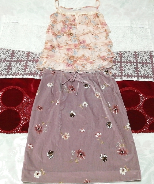 ピンク花柄フリルシフォンキャミソール ネグリジェ 紫ベロアスカート 2P Pink floral pattern frill camisole negligee purple velor skirt_画像1