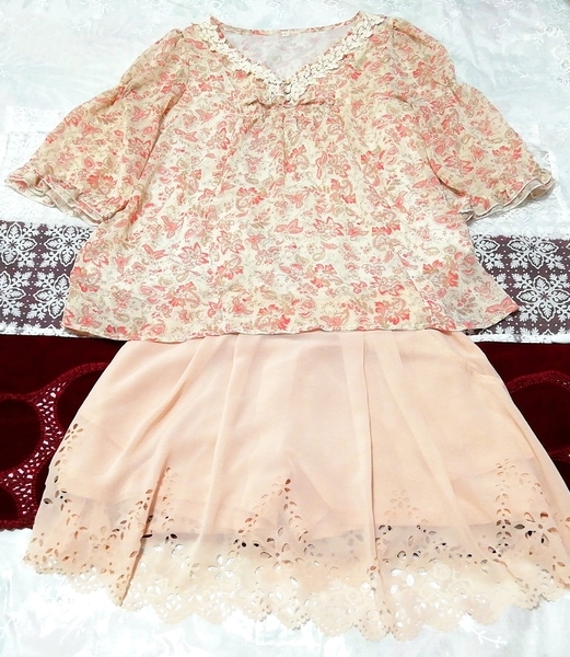 赤花柄シフォンチュニック ネグリジェ ピンクミニキュロットスカート 2P Red floral chiffon tunic negligee pink mini culottes skirt_画像1