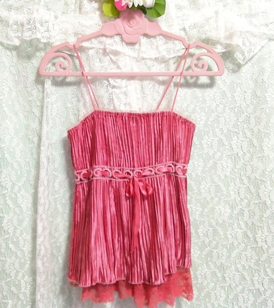 ピンクサテンレースキャミソール ネグリジェ ピンクシフォンプリーツスカート 2P Pink satin lace camisole negligee pink chiffon skirt