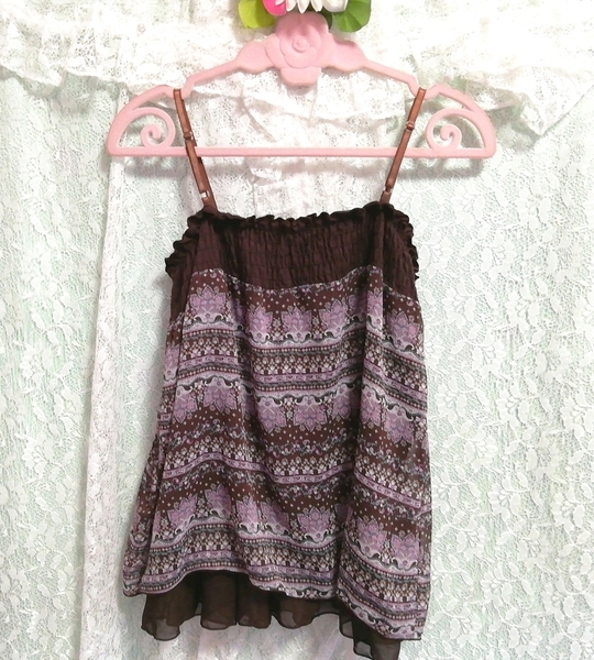 茶エスニック柄シフォンキャミソール ネグリジェ 紫スカート 2P Brown ethnic pattern chiffon camisole negligee purple skirt