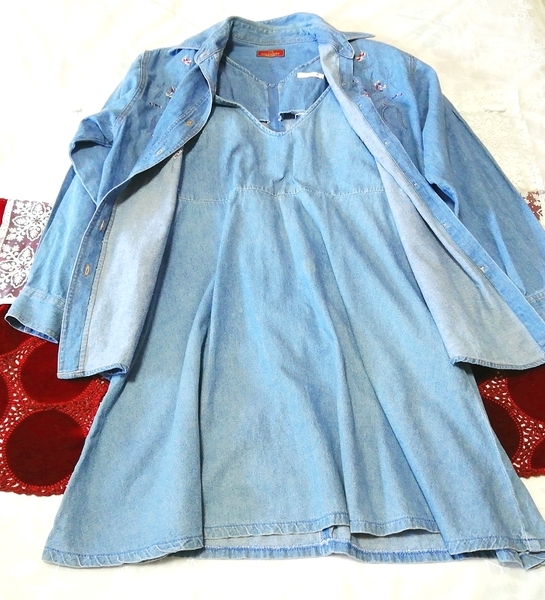 デニム水色刺繍コットン ネグリジェ カーディガン ワンピース 2P Denim light blue embroidery cotton negligee cardigan sleeveless dress_画像2