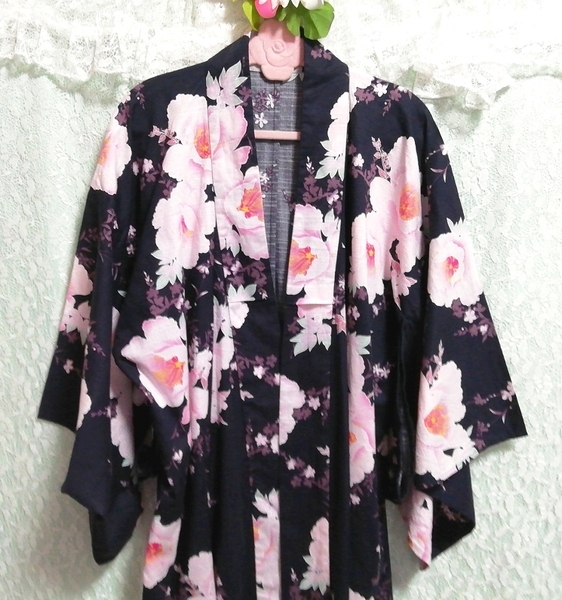 紺白桜ピンク花柄浴衣和服着物日本ドレス Navy blue white cherry blossom pink floral yukata kimono japan dress_画像6