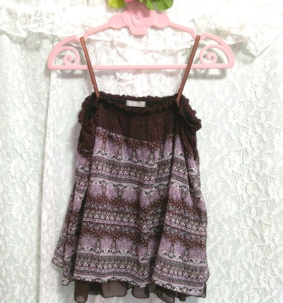 茶エスニック柄シフォンキャミソール ネグリジェ 紫スカート 2P Brown ethnic pattern chiffon camisole negligee purple skirt_画像4