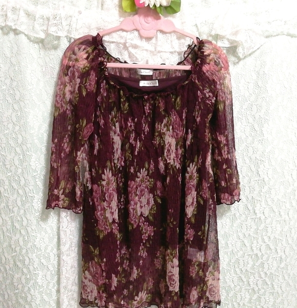 紫花柄シフォンシースルーチュニックキャミソール ネグリジェ 白スカート 2P Purple floral chiffon tunic camisole negligee white skirt