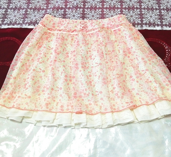  white chiffon see-through camisole negligee pink floral print miniskirt 2P White chiffon camisole negligee pink mini skirt