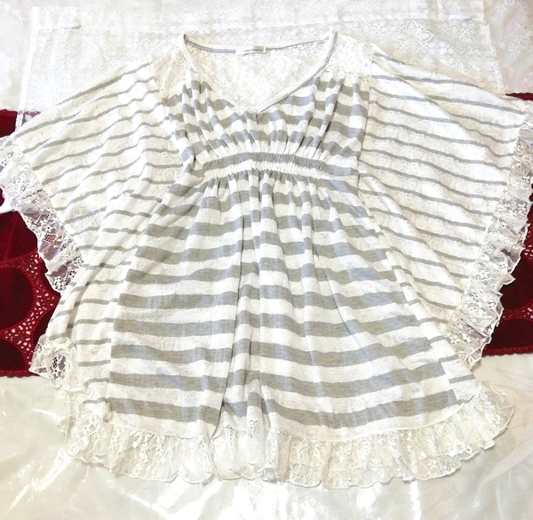 グレー縞々柄白レースポンチョチュニック ネグリジェ ナイトウェア ワンピース Gray striped white lace poncho tunic negligee dress