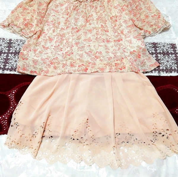 赤花柄シフォンチュニック ネグリジェ ピンクミニキュロットスカート 2P Red floral chiffon tunic negligee pink mini culottes skirt_画像2