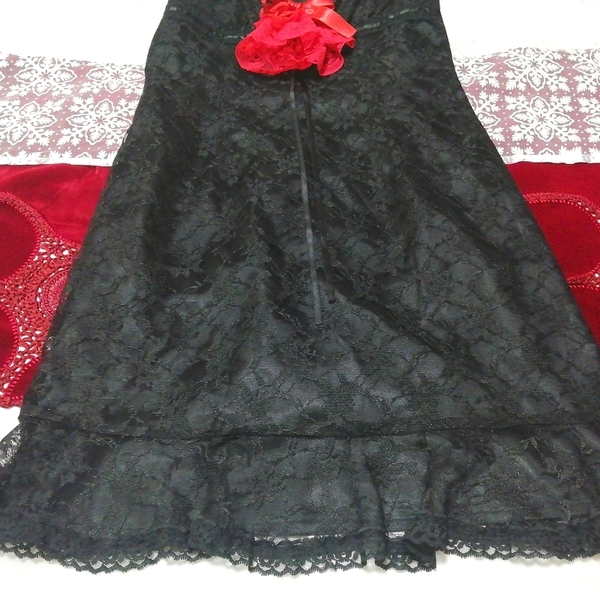 赤薔薇コサージュ黒花柄レースキャミソールネグリジェドレス Red rose corsage black flower pattern lace camisole negligee dress_画像2