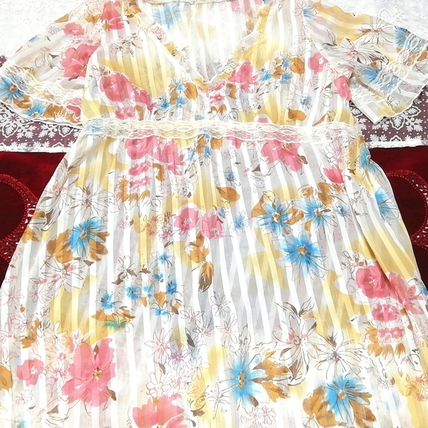 青黄赤花柄シースルーVネックチュニックネグリジェ Blue yellow red flower pattern see through V neck tunic negligee dress