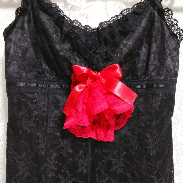 赤薔薇コサージュ黒花柄レースキャミソールネグリジェドレス Red rose corsage black flower pattern lace camisole negligee dress_画像6