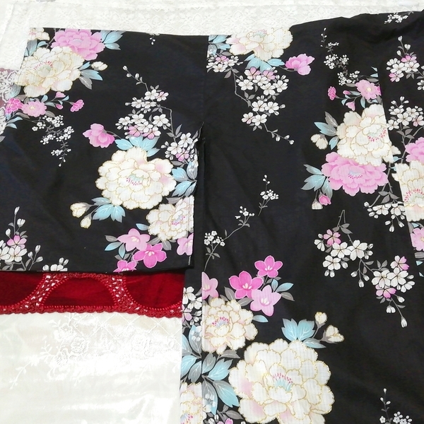 黒白ピンク花柄浴衣和服着物日本ドレス Black white pink floral pattern yukata kimono japan dressの画像1