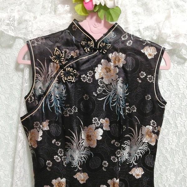 花柄黒チャイナドレスマキシワンピースドレス Flower pattern black cheongsam china maxi dress_画像6