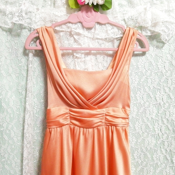 オレンジサテンシフォン ネグリジェ ナイトウェア ノースリーブワンピースドレス Orange satin chiffon negligee nightwear dress