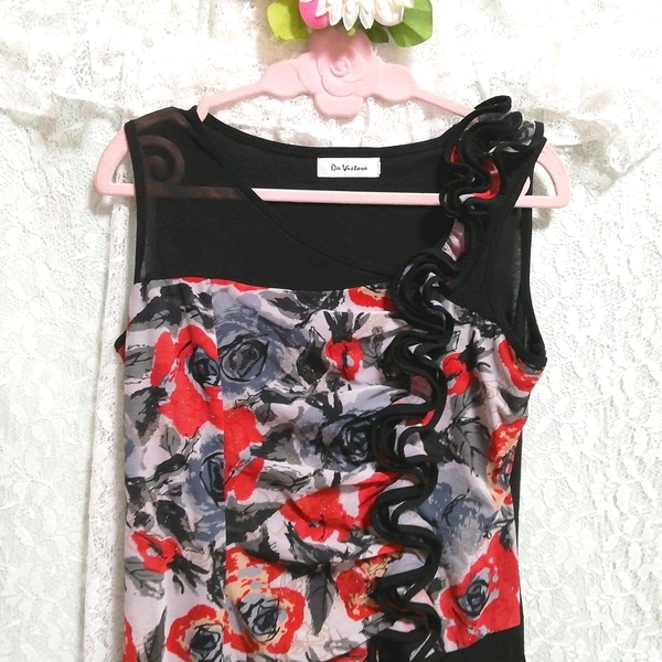 黒赤グレーアート柄フリル ネグリジェ ノースリーブワンピースドレス Black red gray art pattern ruffle negligee sleeveless dress_画像5