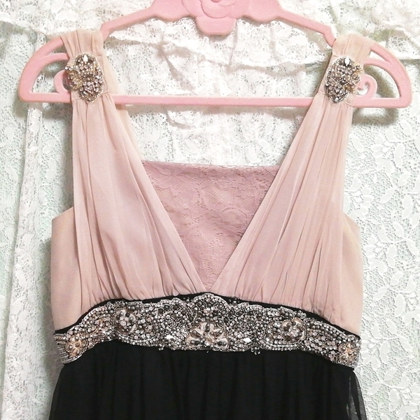 ピンクシフォン宝飾黒スカート豪華 絹シルク ネグリジェ ワンピースドレス Pink chiffon jewelry black skirt luxury silk negligee dress_画像6